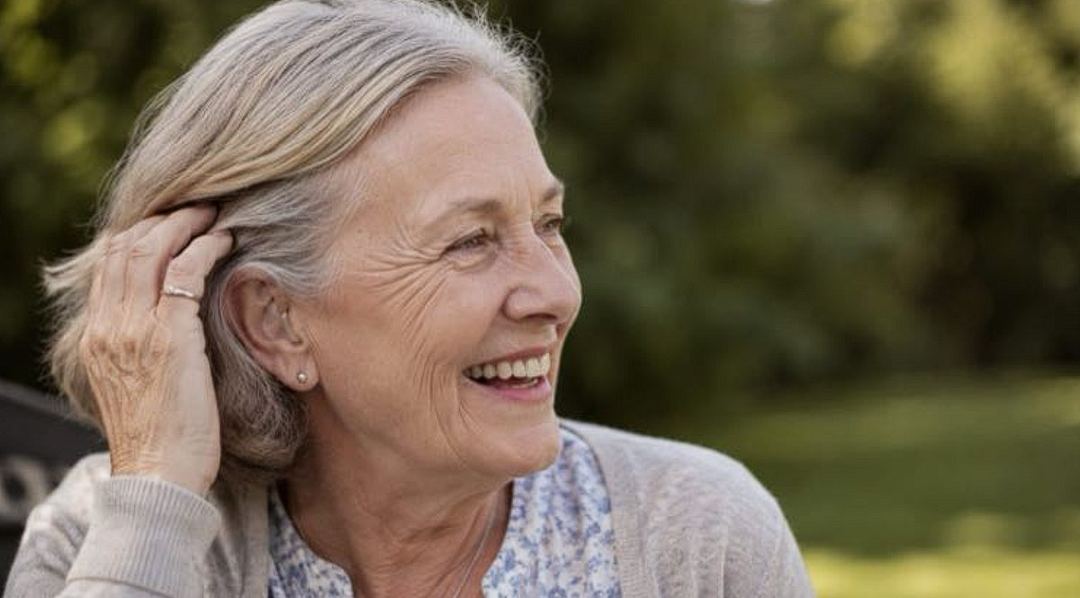 Smiling older woman outdoors, touching her ear